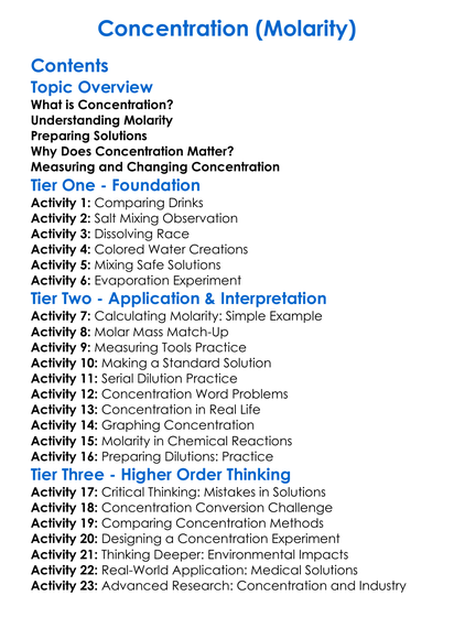 Concentration Molarity Worksheet Activity Booklet