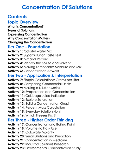 Concentration Of Solutions Worksheet Activity Booklet