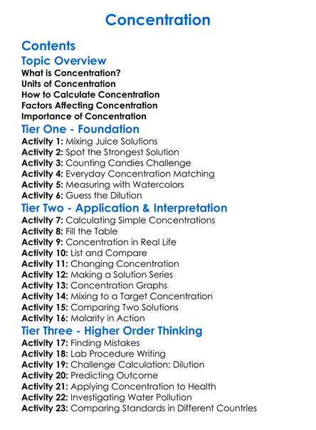 Concentration Worksheet Activity Booklet