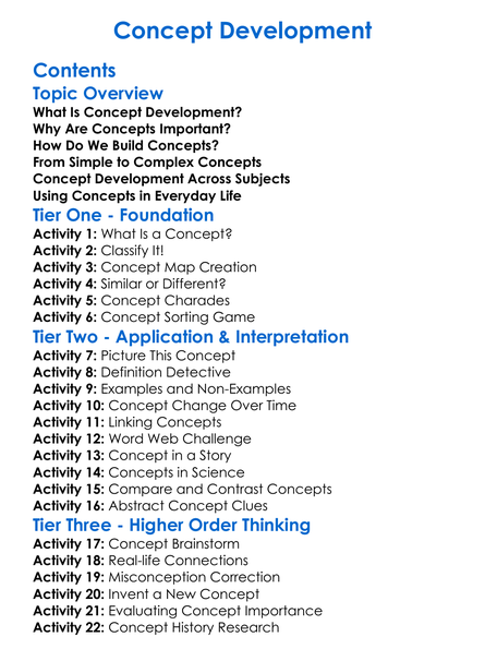 Concept Development Worksheet Activity Booklet