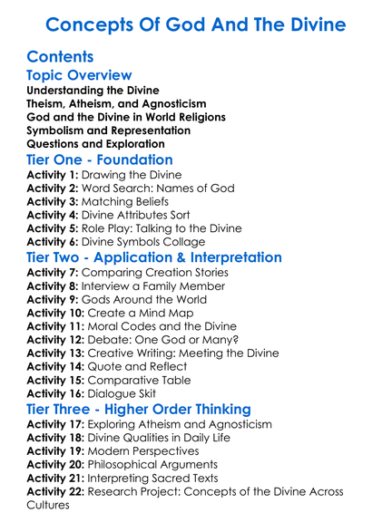 Concepts Of God And The Divine Worksheet Activity Booklet