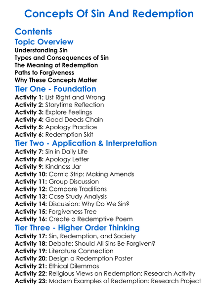 Concepts Of Sin And Redemption Worksheet Activity Booklet