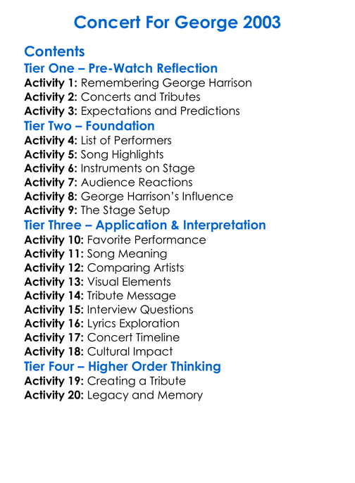 Concert For George 2003 Worksheet Activity Booklet