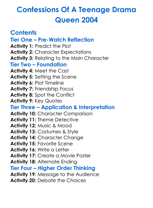 Confessions Of A Teenage Drama Queen 2004 Worksheet Activity Booklet