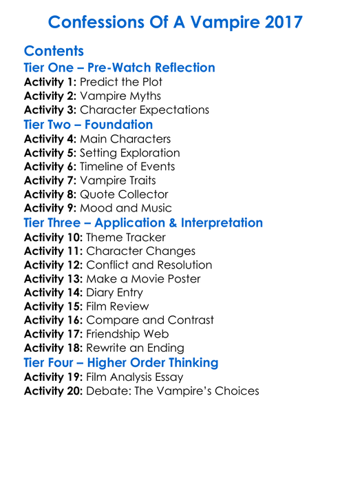 Confessions Of A Vampire 2017 Worksheet Activity Booklet