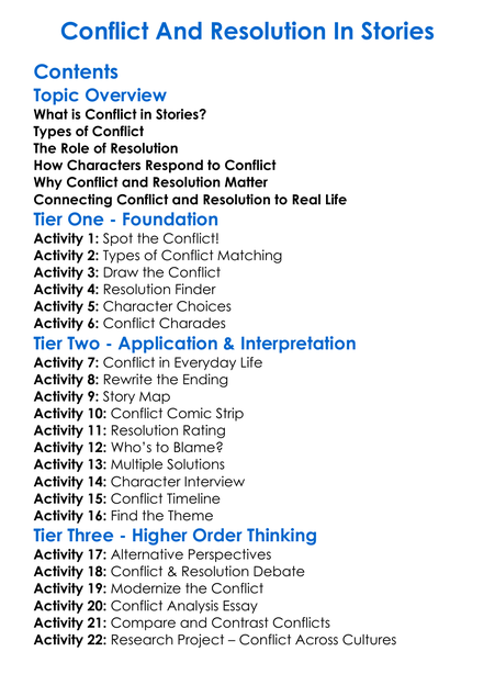 Conflict And Resolution In Stories Worksheet Activity Booklet