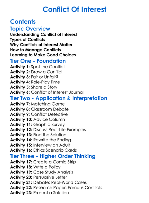 Conflict Of Interest Worksheet Activity Booklet