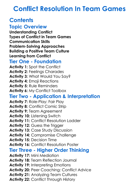 Conflict Resolution In Team Games Worksheet Activity Booklet