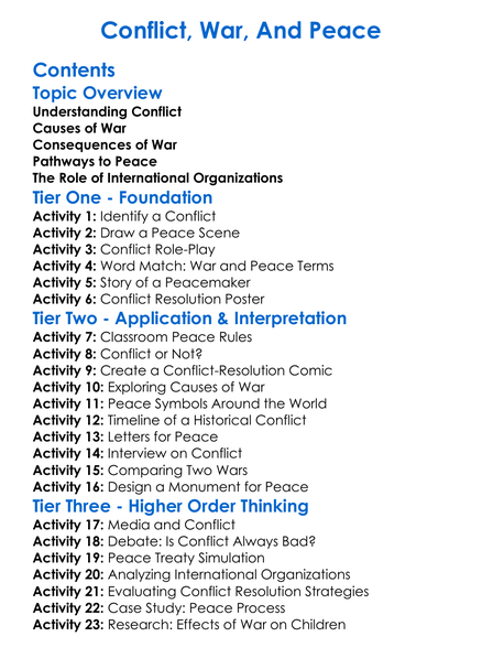 Conflict War And Peace Worksheet Activity Booklet