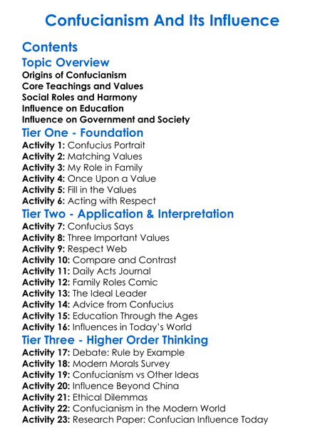 Confucianism And Its Influence Worksheet Activity Booklet