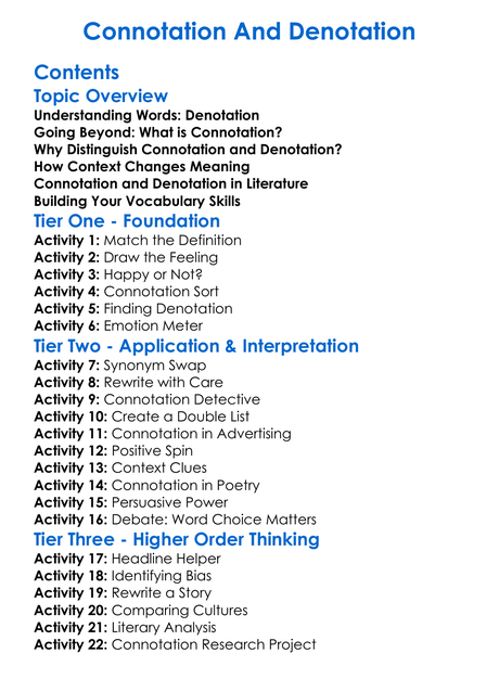 Connotation And Denotation Worksheet Activity Booklet