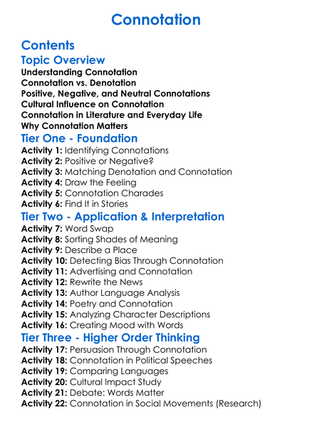 Connotation Worksheet Activity Booklet