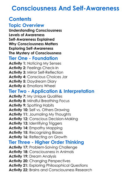 Consciousness And Self-Awareness Worksheet Activity Booklet