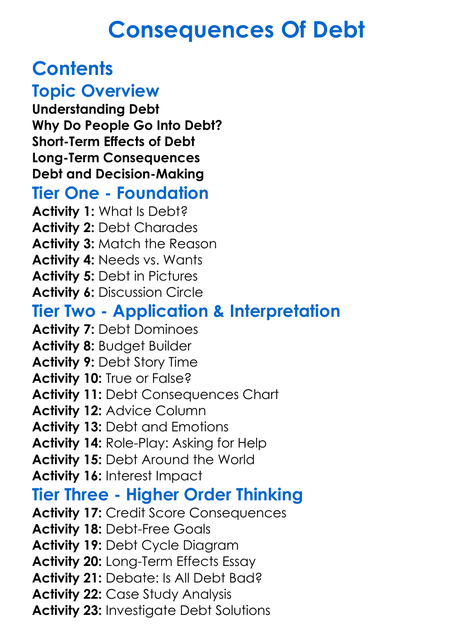 Consequences Of Debt Worksheet Activity Booklet