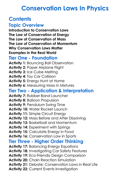 Conservation Laws In Physics Worksheet Activity Booklet