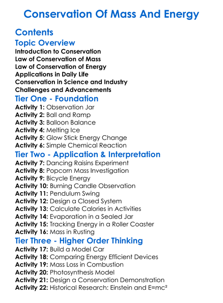 Conservation Of Mass And Energy Worksheet Activity Booklet