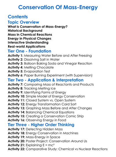 Conservation Of Mass-Energy Worksheet Activity Booklet