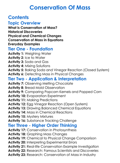 Conservation Of Mass Worksheet Activity Booklet