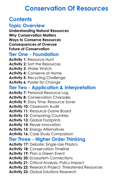 Conservation Of Resources Worksheet Activity Booklet
