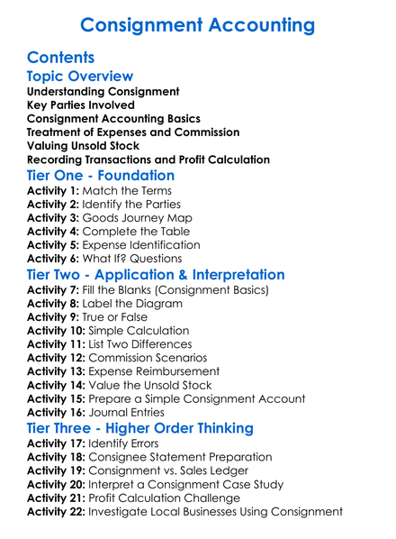 Consignment Accounting Worksheet Activity Booklet