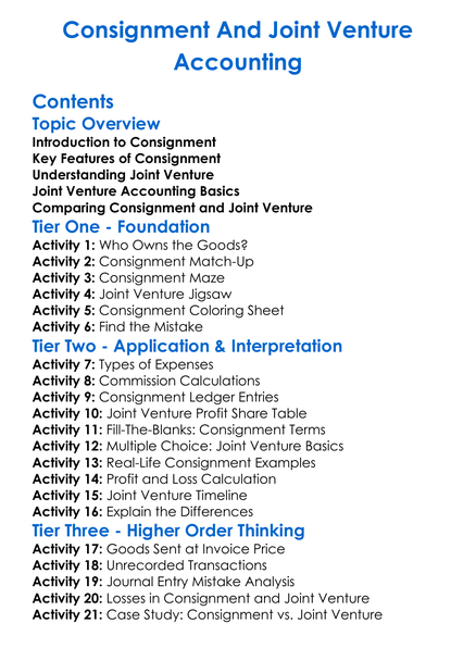 Consignment And Joint Venture Accounting Worksheet Activity Booklet