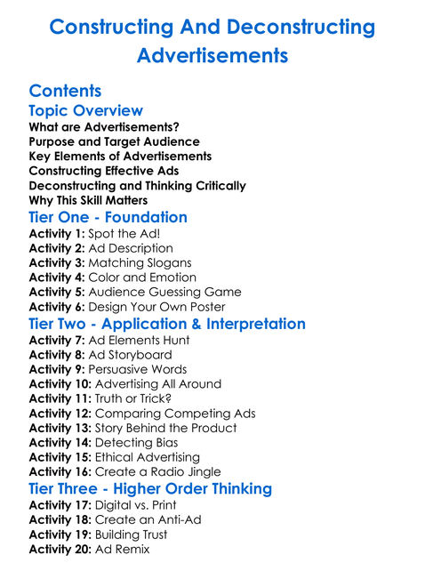 Constructing And Deconstructing Advertisements Worksheet Activity Booklet