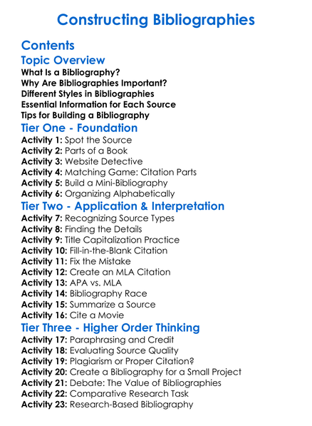 Constructing Bibliographies Worksheet Activity Booklet