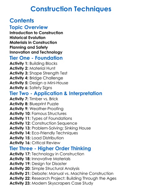 Construction Techniques Worksheet Activity Booklet