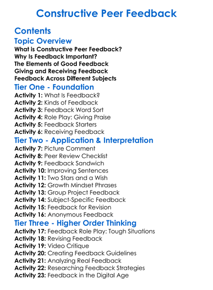 Constructive Peer Feedback Worksheet Activity Booklet