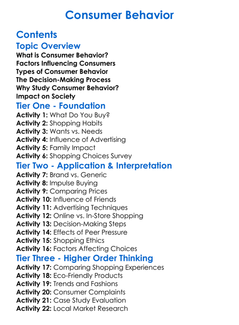 Consumer Behavior Worksheet Activity Booklet