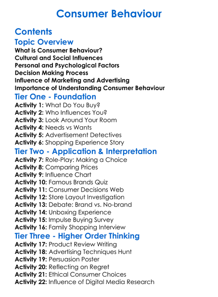 Consumer Behaviour Worksheet Activity Booklet