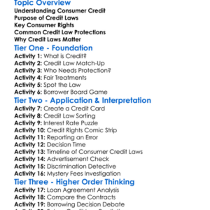 Consumer Credit Laws Worksheet Activity Booklet