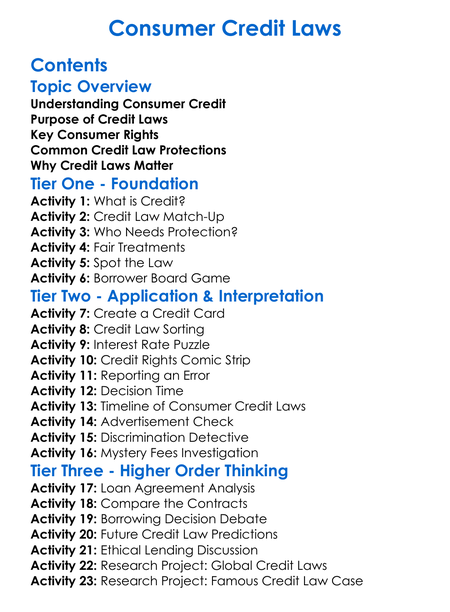 Consumer Credit Laws Worksheet Activity Booklet