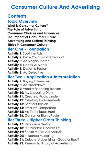 Consumer Culture And Advertising Worksheet Activity Booklet