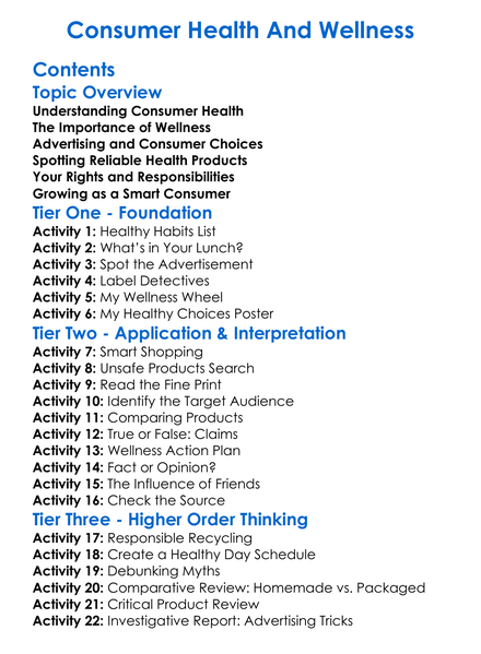 Consumer Health And Wellness Worksheet Activity Booklet