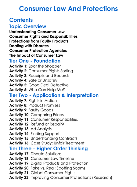 Consumer Law And Protections Worksheet Activity Booklet