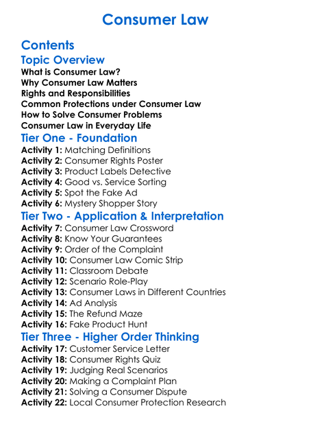 Consumer Law Worksheet Activity Booklet