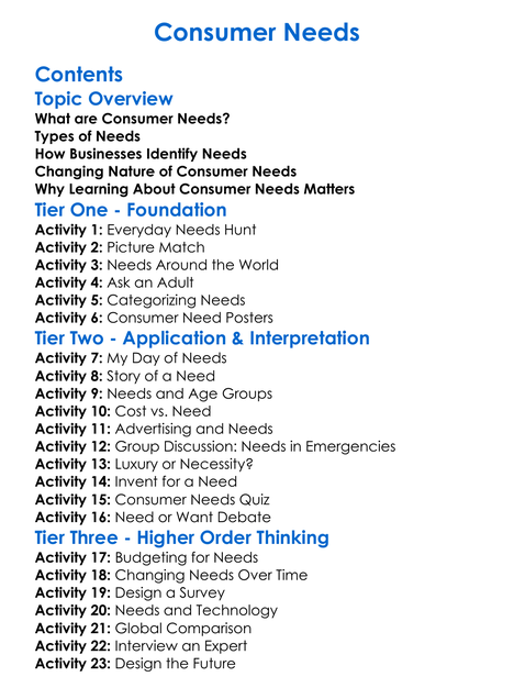 Consumer Needs Worksheet Activity Booklet