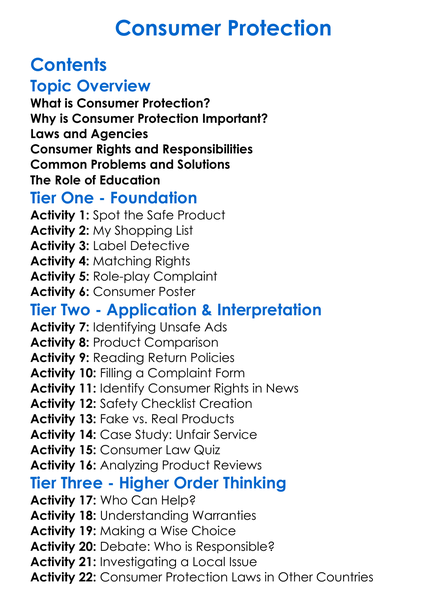 Consumer Protection Worksheet Activity Booklet