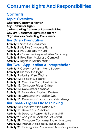 Consumer Rights And Responsibilities Worksheet Activity Booklet