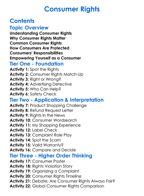 Consumer Rights Worksheet Activity Booklet