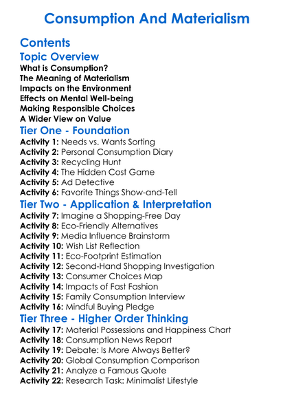 Consumption And Materialism Worksheet Activity Booklet