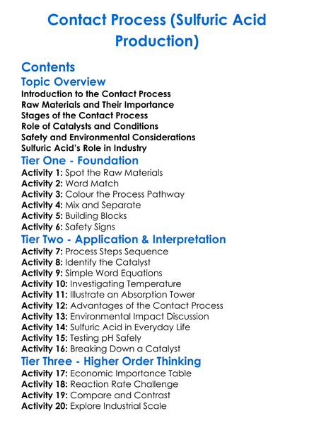 Contact Process Sulfuric Acid Production Worksheet Activity Booklet