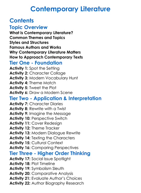 Contemporary Literature Worksheet Activity Booklet
