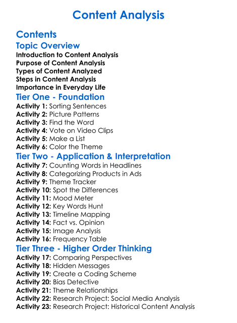 Content Analysis Worksheet Activity Booklet