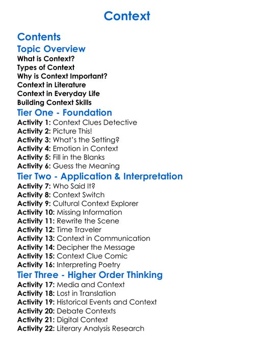 Context Worksheet Activity Booklet