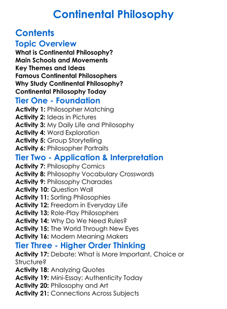 Continental Philosophy Worksheet Activity Booklet
