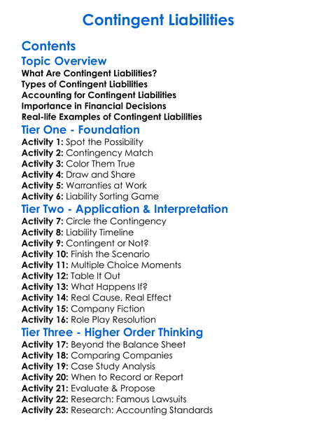 Contingent Liabilities Worksheet Activity Booklet