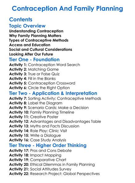 Contraception And Family Planning Worksheet Activity Booklet