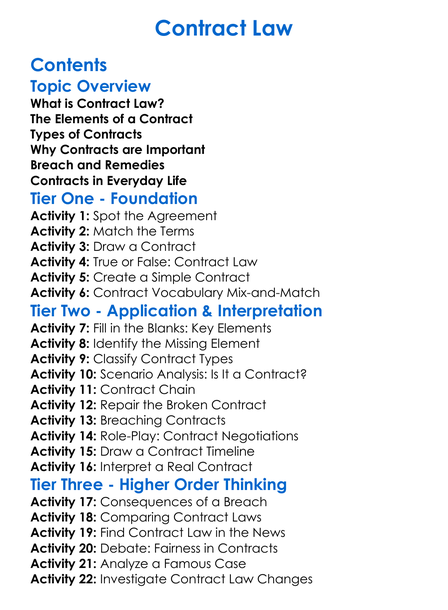 Contract Law Worksheet Activity Booklet